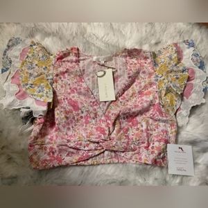 LoveShackFancy Small Keille Ruffle Crop Top Fruity Punch Colorblock